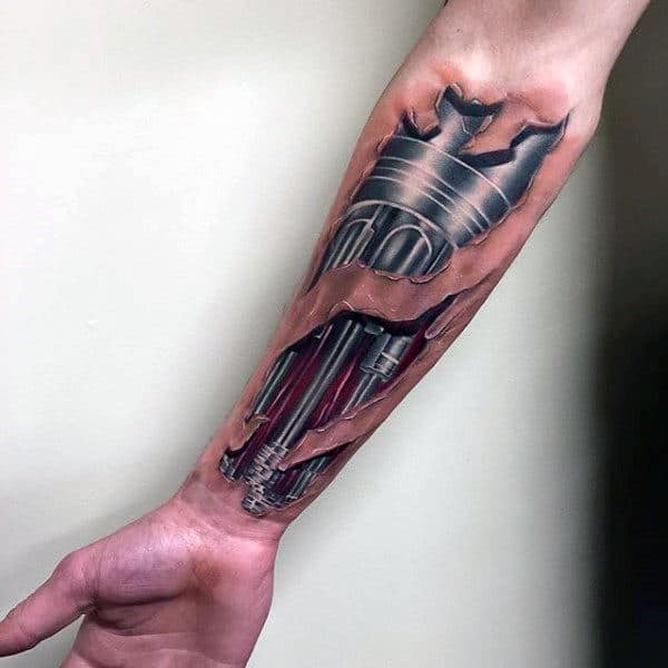 Realistic 3d Guys Terminator Robotic Forearm Tattoo With Torn Skin