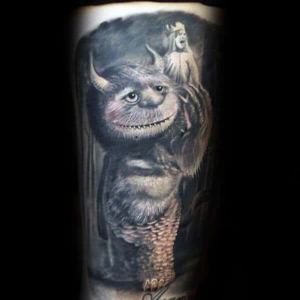 Realistic 3d Guys Where The Wild Things Are Shaded Arm Tattoo