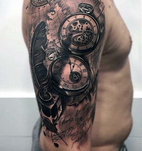 Realistic 3d Half Sleeve Guys Tattoos With Quill Map And Pocket Watch Design