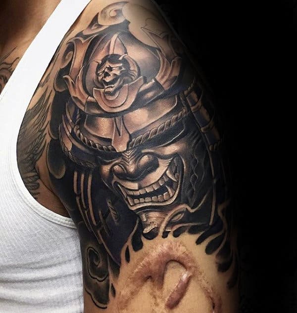 Realistic 3d Hannya Mask Mens Half Sleeve Tattoo Ideas
