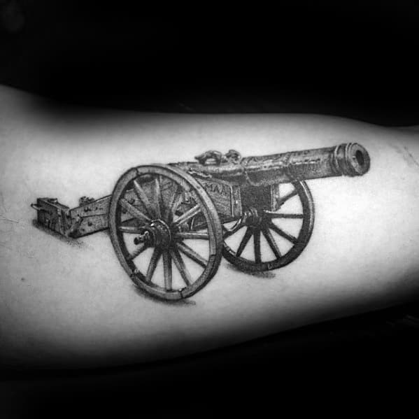 Realistic 3d Inner Arm Bicep Male Cannon Tattoo Design Inspiration