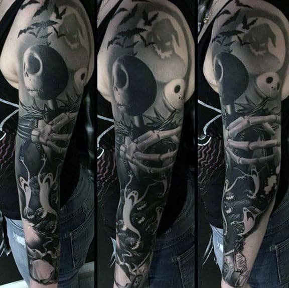 Realistic 3d Jack Skellington Night Before Christmas Mens Sleeve Tattoo