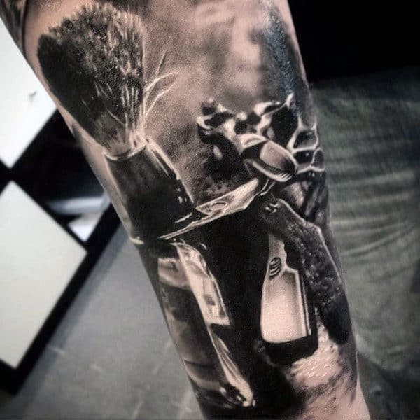 Realistic 3d Mens Barber Tattoo On Leg