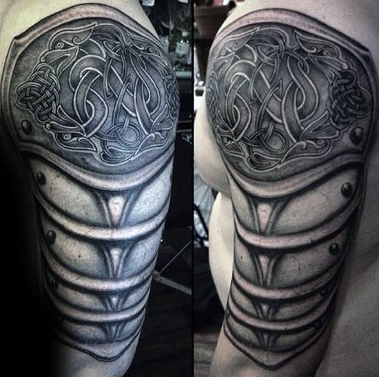 Realistic 3d Mens Celtic Knot Armor Tattoo On Arm