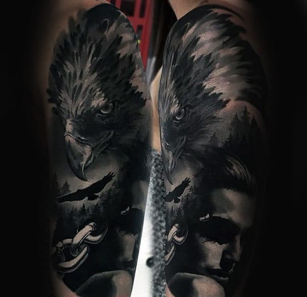 Realistic 3d Mens Crow Half Sleeve Tattoo Ideas