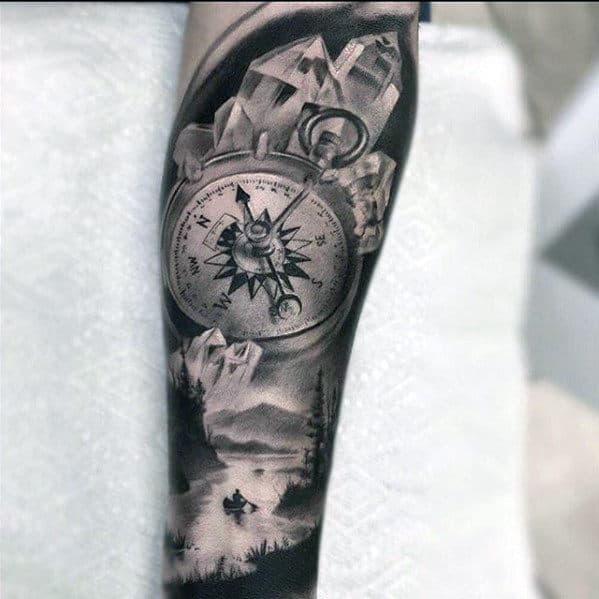 Realistic 3d Mens Crystal And Compass Nature Themed Sleeve Tattoos