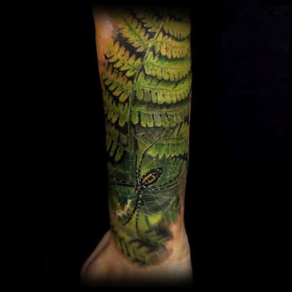 Realistic 3d Mens Fern Forearm Sleeve Tattoo With Spider Design