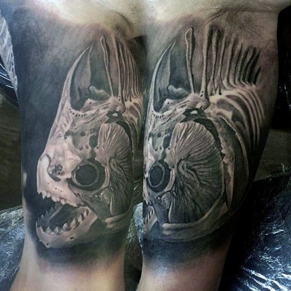 Realistic 3d Mens Fish Skeleton Quarter Sleeve Tattoos