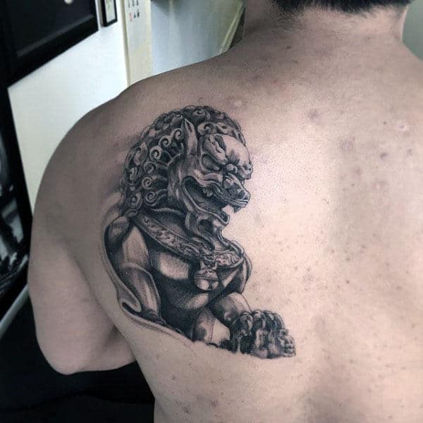 Realistic 3d Mens Foo Dog Statue Back Tattoo