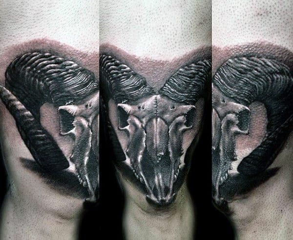 Realistic 3d Mens Goat Skull Leg Tattoo Designs