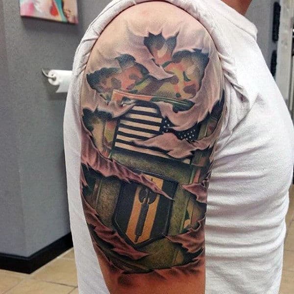 Realistic 3d Mens Military Camouflage Torn Skin Tattoo With Army Patches Half Sleeve Design