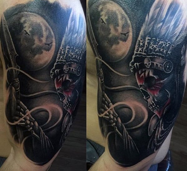 Realistic 3d Mens Moon Indian Skull Arm Tattoos