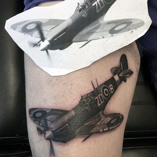 Realistic 3d Mens Plane Ww2 Tattoo On Thigh