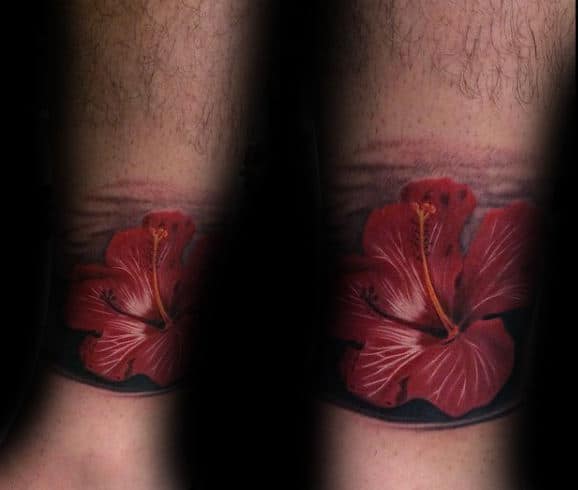 Realistic 3d Mens Red Hibiscus Flower Tattoo On Wrist