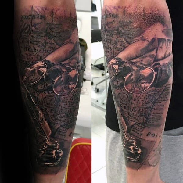 Realistic 3d Mens Scroll Forearm Sleeve Tattoos