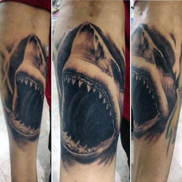 Realistic 3d Mens Shark Jaw Outer Forearm Tattoos