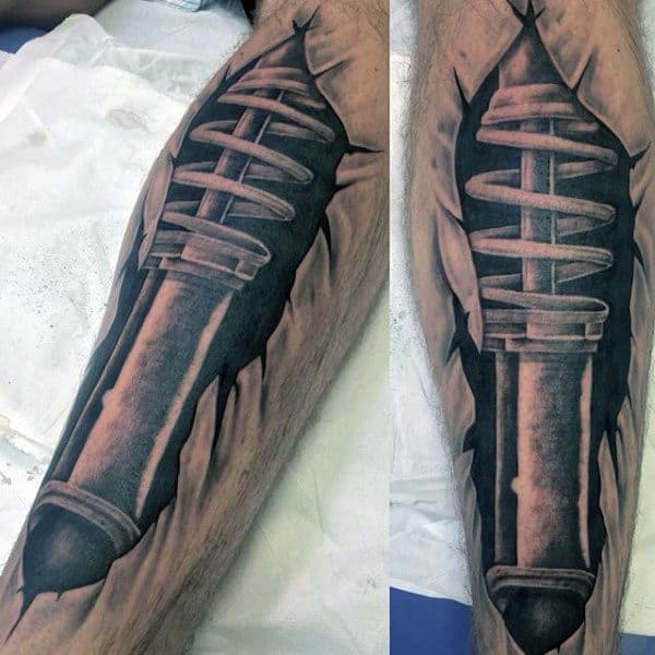 Realistic 3d Motocross Shock Leg Tattoo With Torn Skin Design