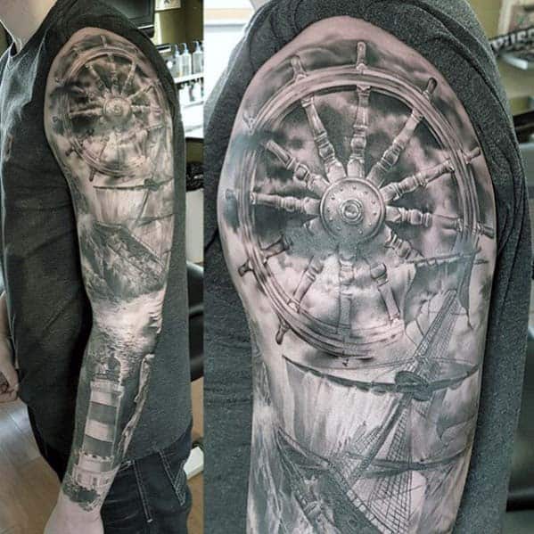 Realistic 3d Nautical Shaded Black And Grey Ink Guys Sleeve Tattoos