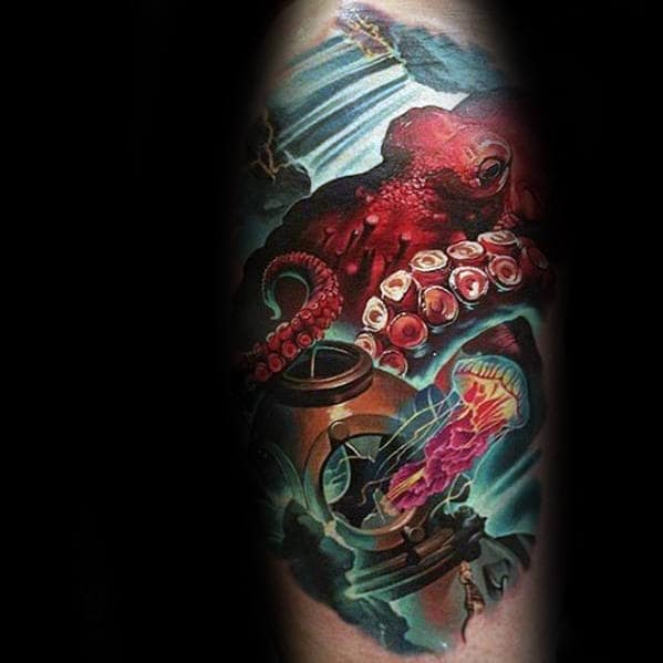 Realistic 3d Octopus With Divers Helmet Underwater Mens Arm Tattoos