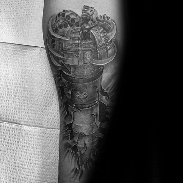 Realistic 3d Oilfield Drill Mens Forearm Tattoo Designs