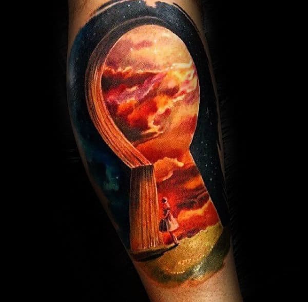 Realistic 3d Orange Sky Keyhole Arm Tattoos For Guys