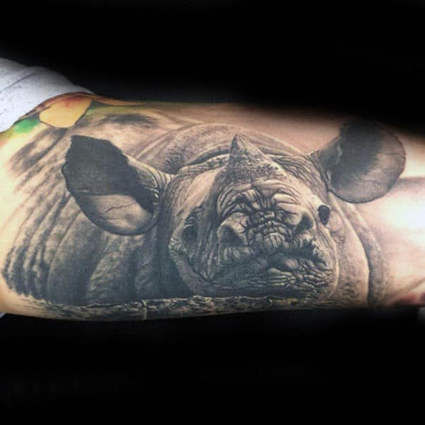 Realistic 3d Rhino Male Arm Tattoo Design Inspiration