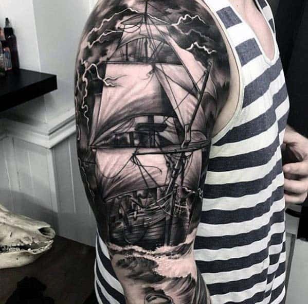 Realistic 3d Sailing Ship Nautical Guys Half Sleeve Tattoos