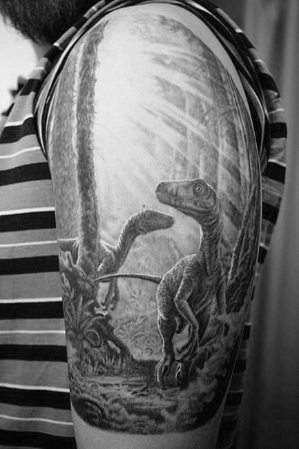 Realistic 3d Scene Of Velociraptor In The Wild Guys Half Sleeve Tattoos