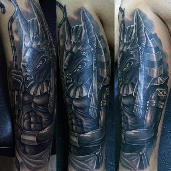 Realistic 3d Shaded Anubis Mens Leg Tattoo Design Inspiration