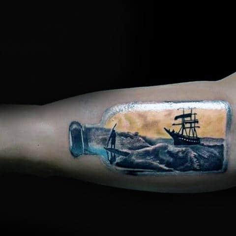 Realistic 3d Ship In A Bottle With Ocean Waves And Man On Surfboard Tattoo For Guys On Bicep