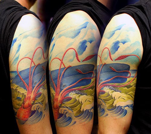 Realistic 3d Squid Tattoo With Ocean Waves And Boat On Upper Arm For Men