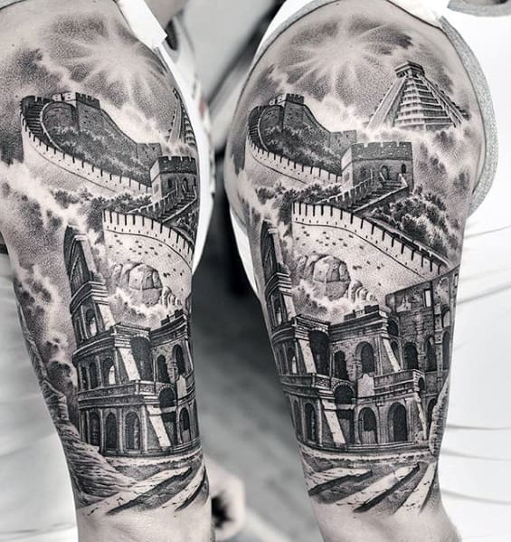 Realistic 3d Sweet Great Of Wall Of China Tattoo Half Sleeve For Men