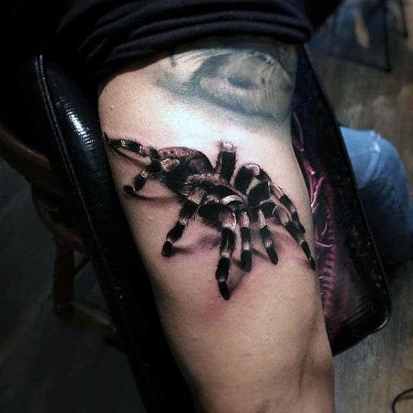 Realistic 3d Tarantula Upper Arm Tattoo On Man