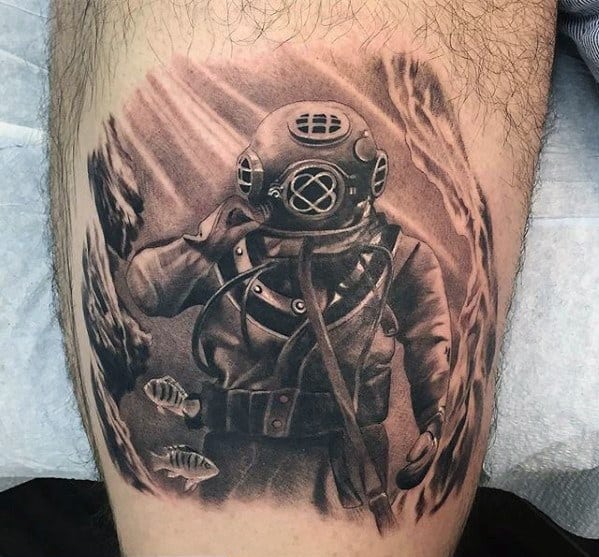 Realistic 3d Thigh Awesome Ink Diver Tattoos For Men