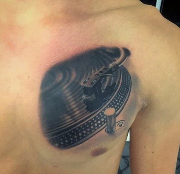 Realistic 3d Upper Chest Distinctive Male Vinyl Record Tattoo Designs