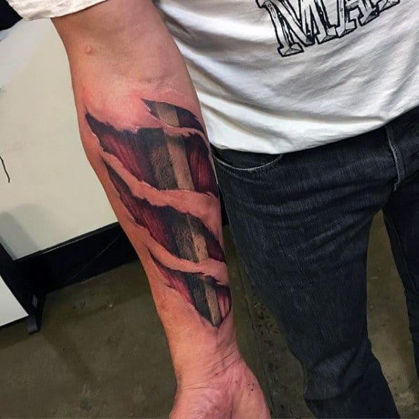 Realistic 3d Wood Carving Block Mens Ripped Skin Inner Forearm Tattoos