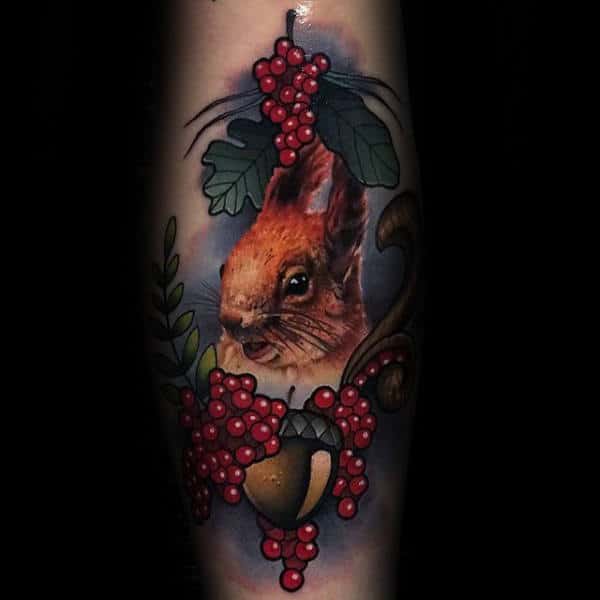 Realistic Acorn With Squirrel Neo Traditional Mens Tattoos