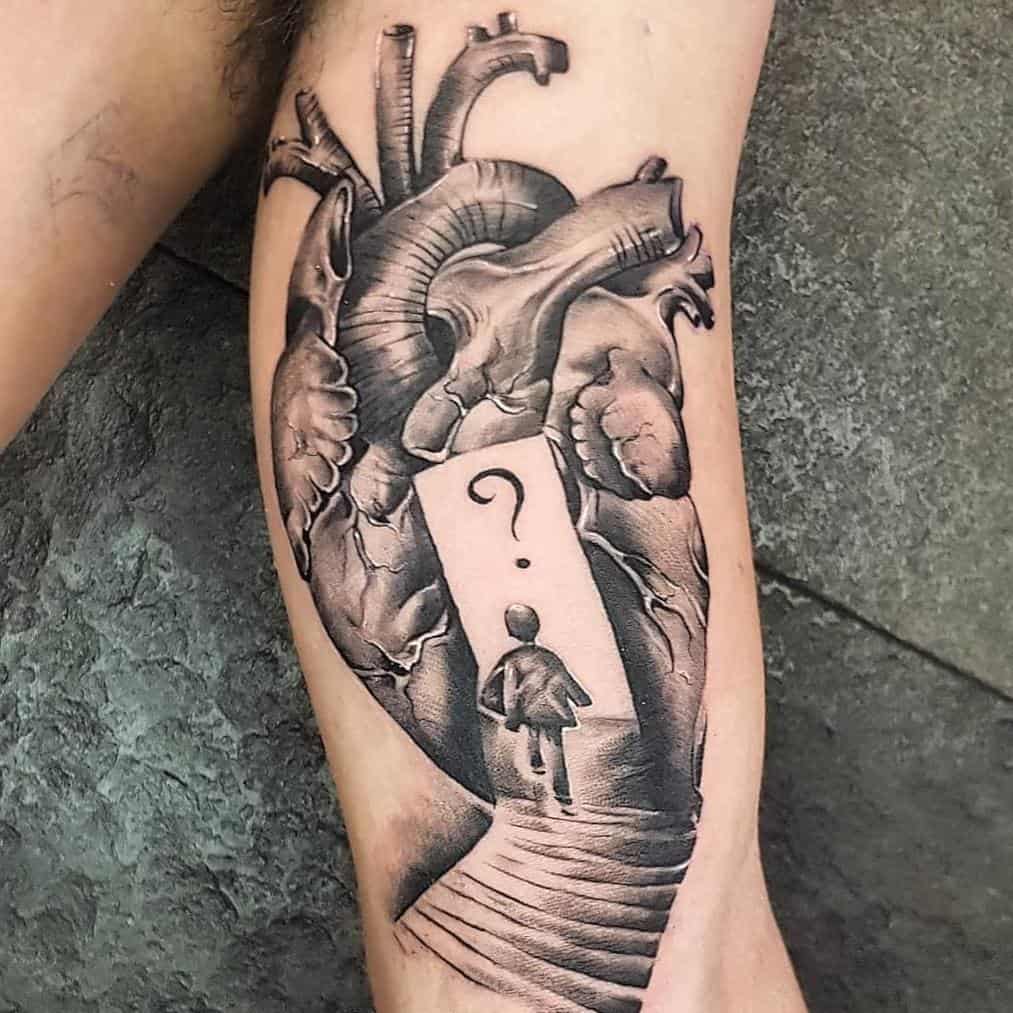 Black tattoo of a human heart with a door, where a person stands at the doorway with a question mark above, suggesting a journey or decision