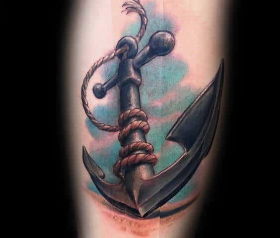 Tattoo of an anchor with a rope wrapped around it against a sky-blue background