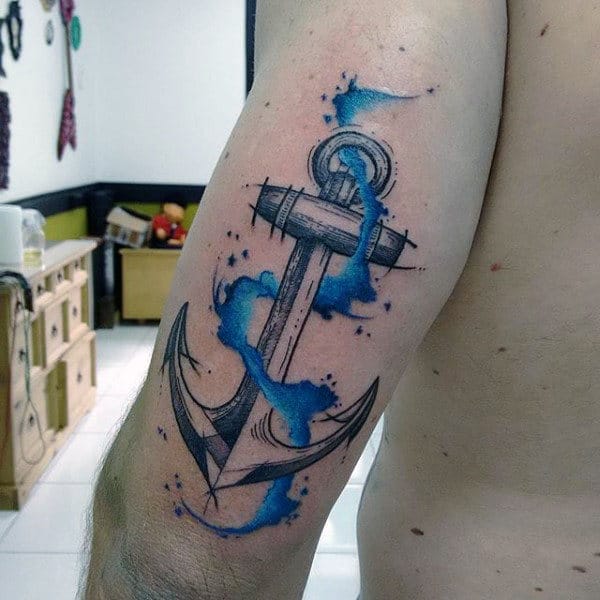 Realistic Anchor With Blue Watercolor Tattoo On Arms For Men