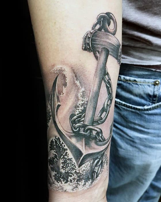 Realistic Anchor Tattoo With Ocean Wave on an Inner Forearm 