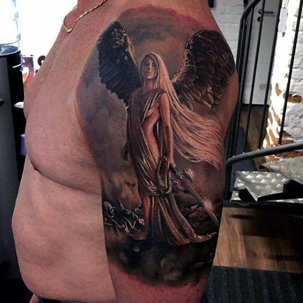 Realistic Angel Half Sleeve Tattoo Mens Cover Up Ideas