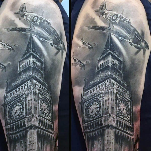 Detailed black and grey tattoo of Big Ben with military planes flying above, creating a dynamic, historical scene with intricate shading and perspective.