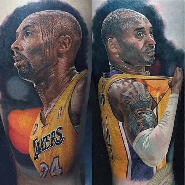 A vibrant tattoo set of Kobe Bryant, showing two powerful images: one with him focused on the game in his Lakers jersey with number 24, and the other with him pulling his jersey over his head in celebration.