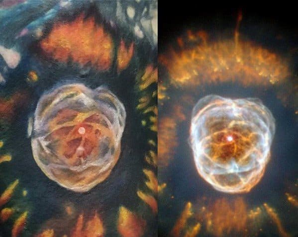 Detailed nebula tattoo art compared side by side with a cosmic nebula photo showcasing vibrant colors