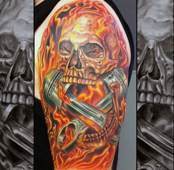 Realistic Arm Pistons Tattoo Ideas For Males With Flames