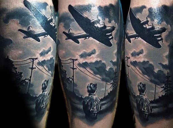 Realistic Army Plane With Child Watching Mens Forearm Sleeve Tattoo