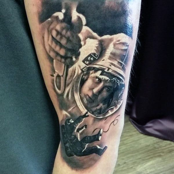 Realistic Astronaut Face Tattoo On Mens Arms