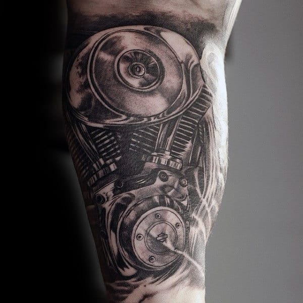 Realistic Awesome Grey Engine Tattoo On Mans Bicep