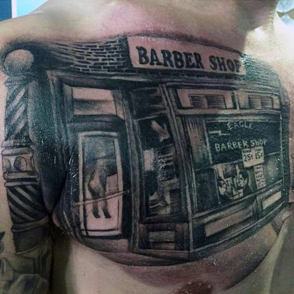 Realistic Barbershop Building Tattoos On Chest For Men